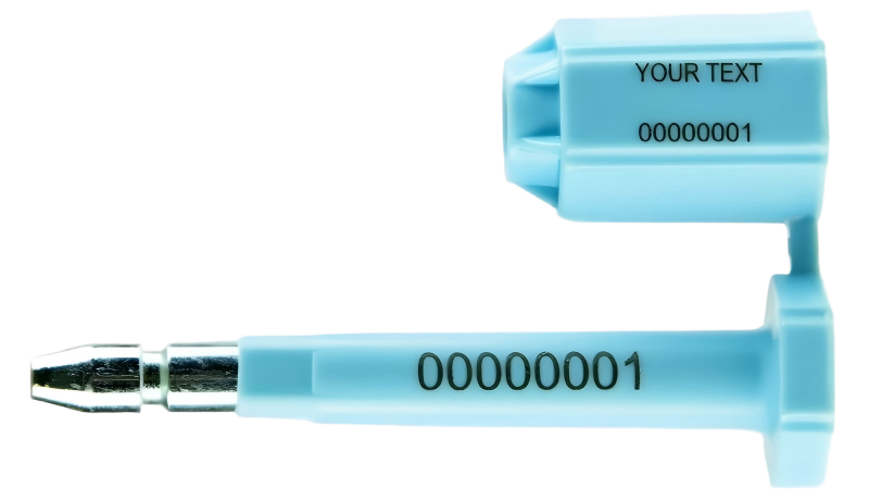 A high-security bolt seal, showing the identical, laser-engraved serial number clearly visible on both the steel pin and the ABS plastic barrel.