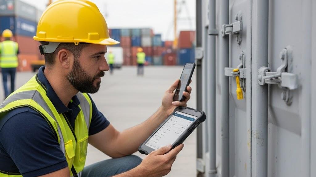 A logistics worker using a tablet to scan a seal's barcode and a camera to photograph it, ensuring digital and visual proof of the number.