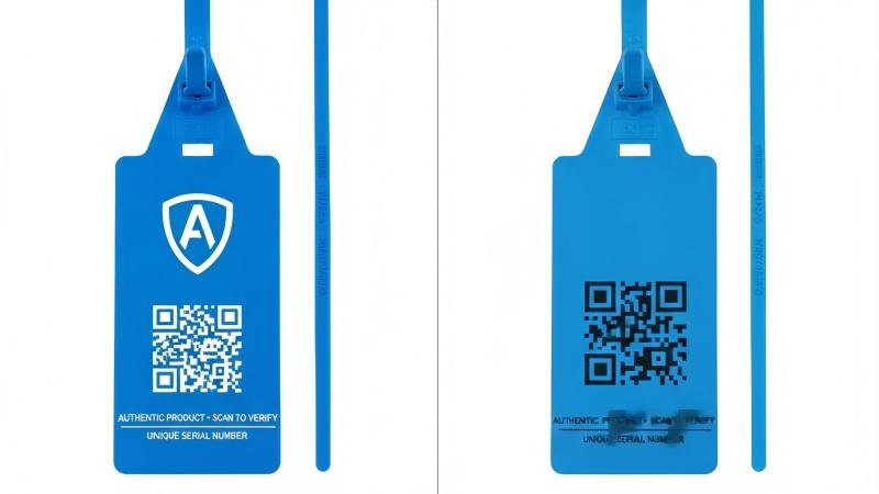 Showing a genuine, highly customized seal next to a poor counterfeit attempt that is missing the logo and has a fake, blurry QR code.