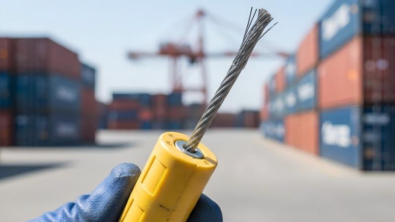 A frayed, cleanly cut end of a cable seal, held up as clear evidence of tampering.