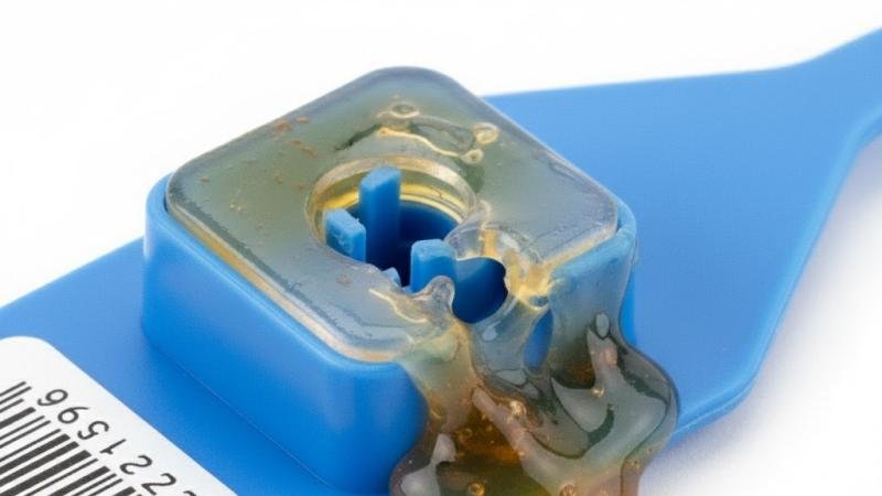 Damaged Locking Mechanism of a Security Seal A magnified view of a seal's locking chamber, revealing broken internal tangs and a sticky residue.