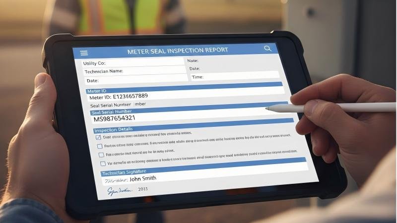 A close-up of a completed meter seal report, showing fields for serial number, meter ID, date, and technician signature.