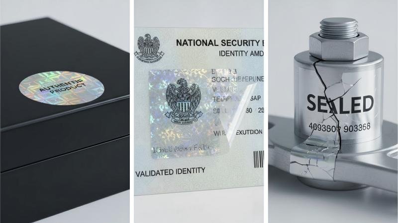 Different Purposes of Hologram Stickers Showing three different uses of holograms: one on a luxury product box (brand protection), one on an ID card (authentication), and one broken over a seal (tamper-evidence).