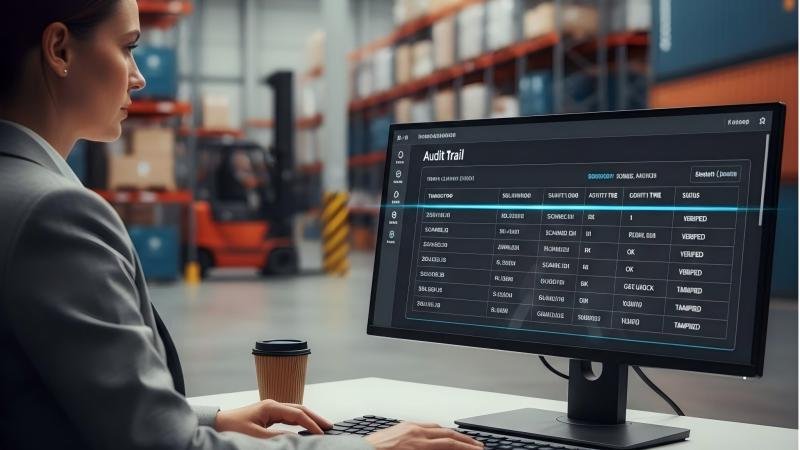A manager reviewing a digital audit trail on a computer, showing timestamps and user IDs for each security seal scan.