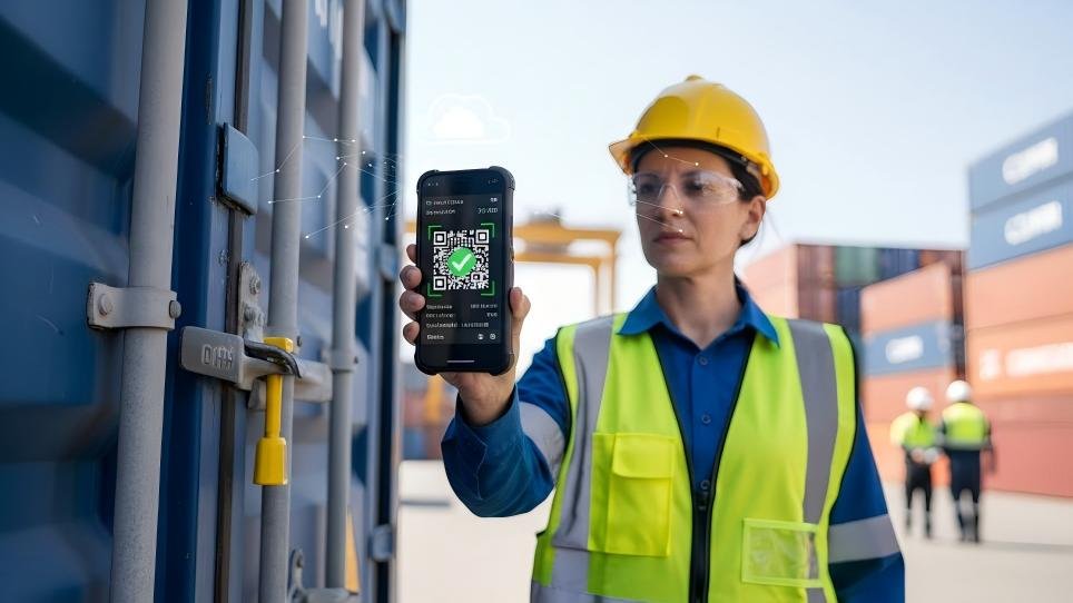 A logistics manager scanning a barcoded bolt seal with a smartphone, which instantly uploads the time, date, and GPS location to a cloud server.