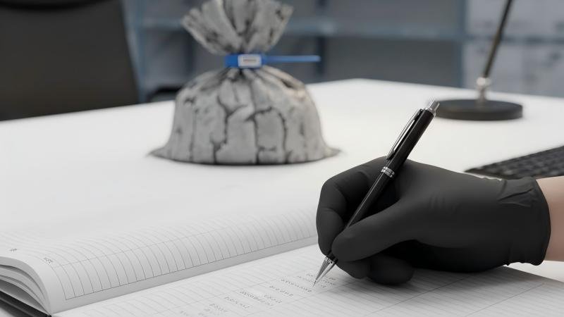 Documenting the security seal number in a log A person writing in a formal logbook. The logbook has columns for Date, Time, Seal Number, and Operator ID. In the background, a sealed bag is visible.