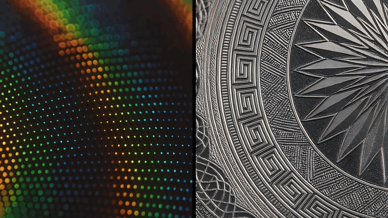 Dot-Matrix vs. E-beam Hologram Comparison A split-screen image showing the kinetic dot patterns of a Dot-Matrix hologram on one side, and the intricate, sharp detailing of an E-beam hologram on the other.