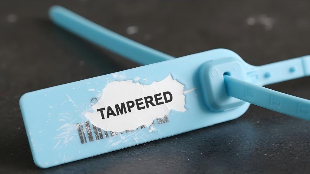 A plastic security seal with its top blue layer partially scraped away, revealing a stark white inner core that shouts "tampered".
