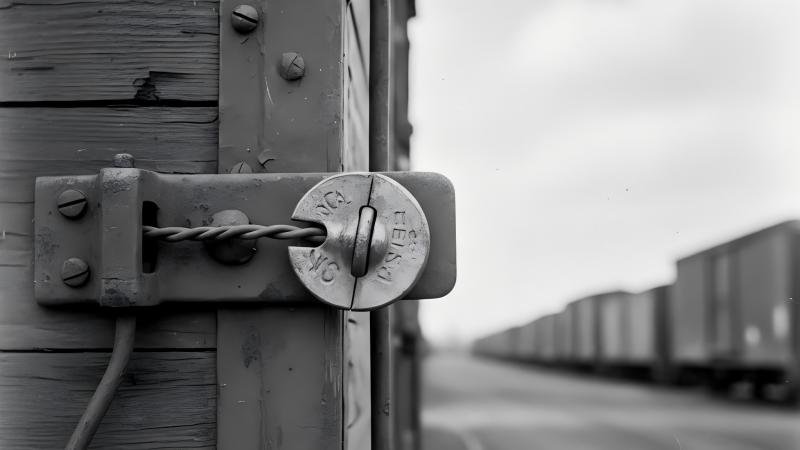 An old black-and-white photo of an early lead-and-wire railway seal on a boxcar door.