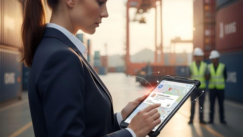 A logistics manager viewing real-time alerts from an electronic security seal on a tablet.