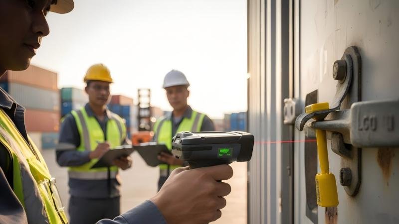 A recipient using a handheld scanner to scan a barcoded security seal on a container door, with the driver present, before the seal is broken.