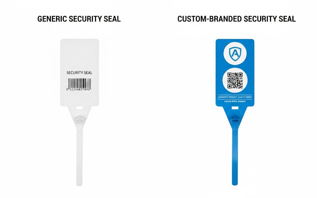 A generic, plain security seal versus a custom-branded seal with a logo, QR code, and unique color.