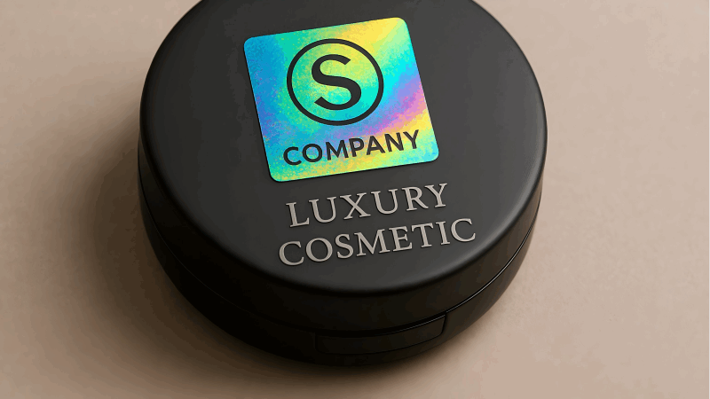 Hologram Elevating Brand Value A luxury cosmetic box with a subtle, elegant holographic emblem that adds to its premium, high-tech aesthetic.