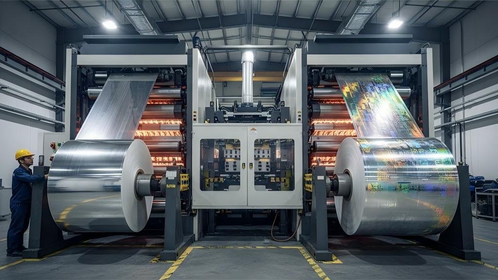 Hologram Embossing Machine A large industrial embossing machine, with a roll of raw holographic film entering and a roll of embossed, shimmering film exiting.