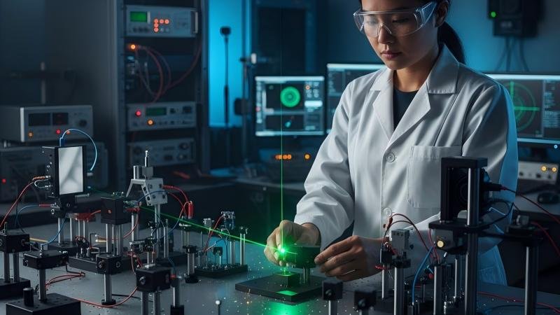 Hologram Mastering Laboratory A high-tech, darkened laboratory. A technician in a lab coat is adjusting a laser on a complex optical table with mirrors and lenses pointing at a small plate.