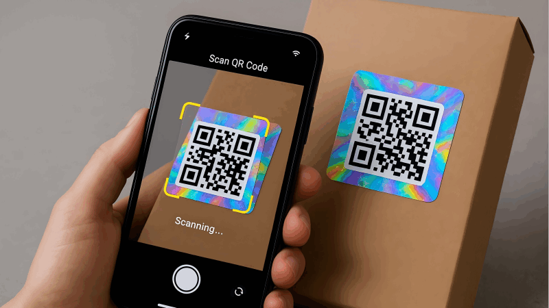Holographic QR Code for Product Traceability A user scanning a unique QR code embedded within a holographic sticker on a product package with their smartphone.