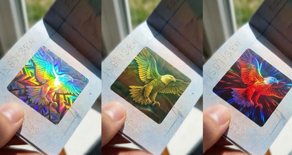 A dynamic image showing the holographic eagle on a passport shifting colors and appearance as the viewing angle changes.