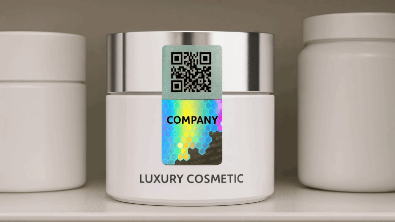 Holographic Sticker Enhancing Shelf Appeal A product with a bright holographic sticker on a store shelf, clearly standing out from the duller packaging of competing products.