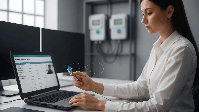 An auditor comparing a physical meter seal's number to the official report on a laptop.