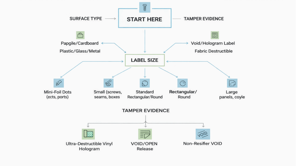 A decision tree or chart helping a user choose a warranty label based on surface type, size, and desired evidence.
