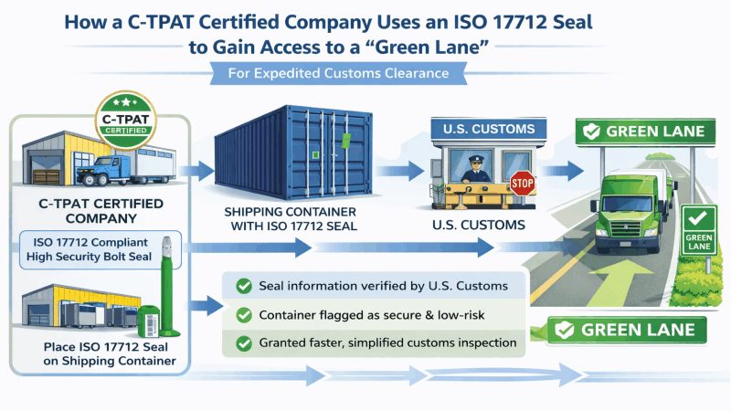 A checklist graphic for selecting a cargo seal with icons for route, destination, cargo value, and supplier verification.