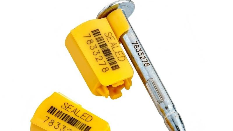 A close-up shot of a modern high-security bolt seal clearly showing 'ISO 17712' compliance and a laser-engraved barcode.