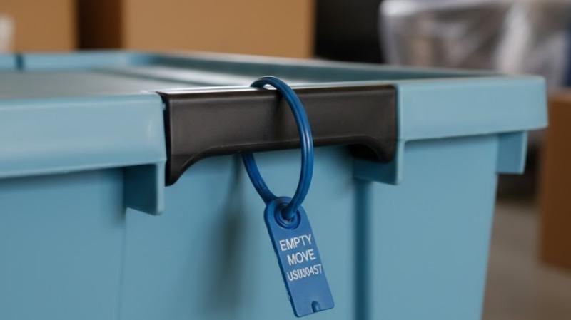 Indicative Seal for Tamper Evidence A simple, blue plastic pull-tight indicative seal fastened to a container handle, used for an empty domestic move.