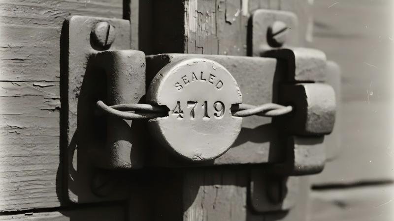 A vintage black-and-white photograph of an early lead-and-wire seal on a railway boxcar, showing a stamped number.