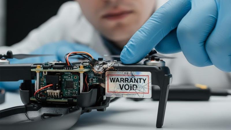 An technician inspecting a returned product with a broken warranty seal, pointing to an obviously damaged internal component.