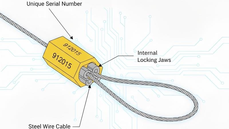 A cutaway view of a cable seal showing the internal locking jaws gripping the steel wire.