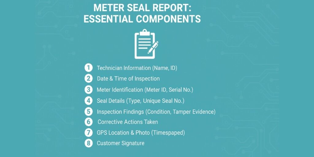 A checklist graphic illustrating the essential components of a meter seal report.