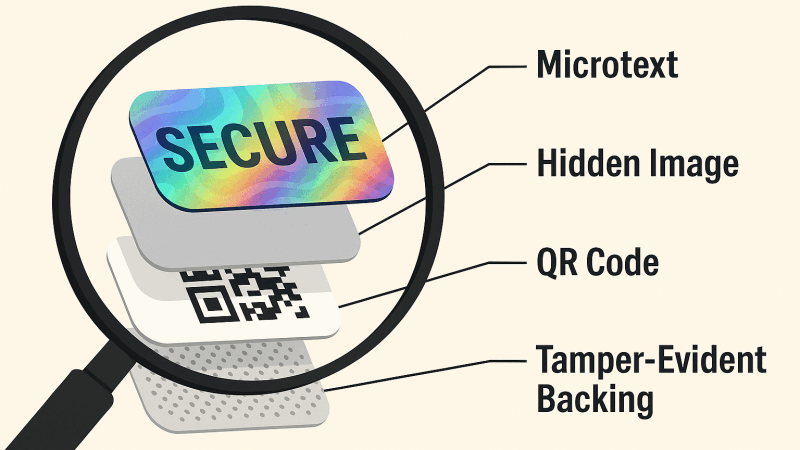 Layered Security Features in Custom Hologram Labels A magnified, exploded view of a hologram label showing layers for different features: microtext, hidden image, QR code, and tamper-evident backing.