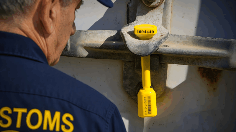 Mandatory High-Security Seal for Customs Compliance A government customs officer inspecting an ISO 17712 compliant high-security seal on a shipping container.