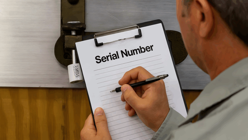A person with a clipboard and pen manually recording the serial number from a bolt seal on a container door.
