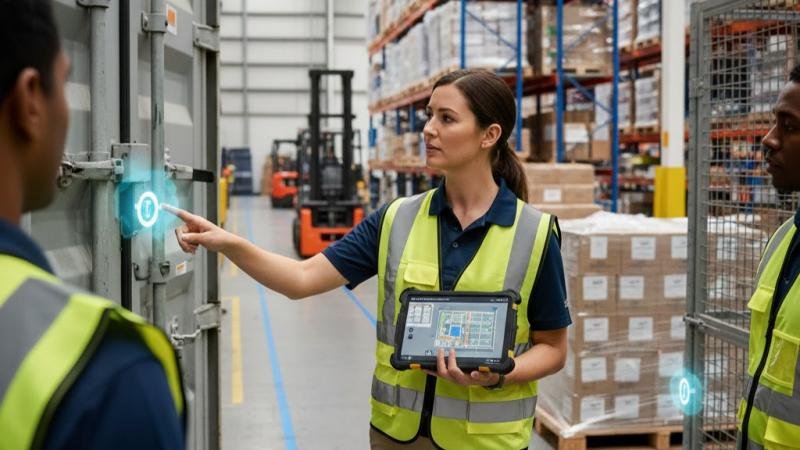 A logistics manager standing in a warehouse with a tablet, pointing to different areas like a container door, a pallet wrap, and a secure cage, mapping out seal application points.
