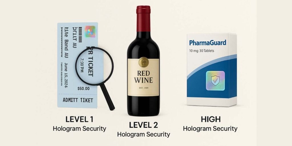 Matching Hologram Security Level to Product Needs showing three different products—a concert ticket, a bottle of wine, and a pharmaceutical box—each with a different level of hologram security.