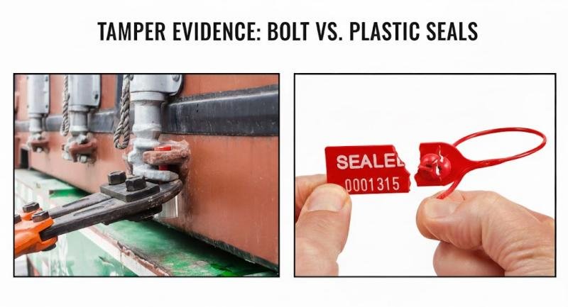 One side shows bolt cutters struggling to cut a bullet seal, the other side shows a hand easily breaking a plastic seal, revealing the tampering.