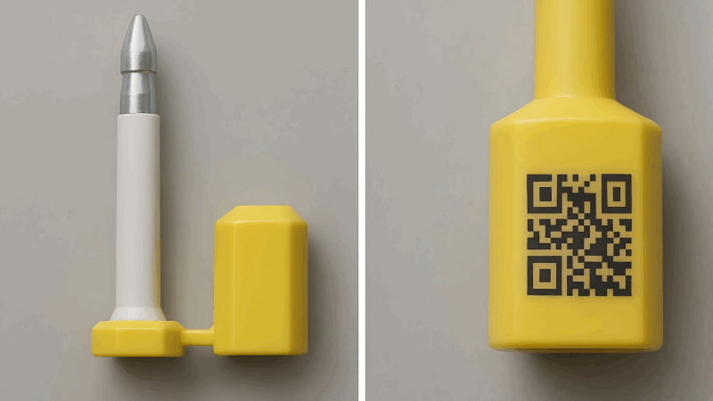 Showing two aspects of a high-security bolt seal: the physically strong locking mechanism, and separately, the laser-etched QR code on its surface.