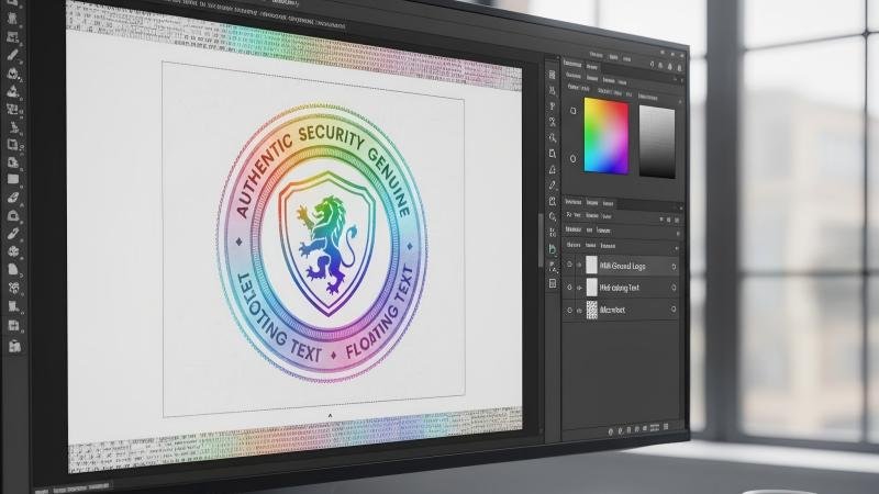 Preparing Layered Artwork for Holography Showing a graphic designer's screen with Adobe Illustrator open. The artwork is separated into distinct layers labeled "Background," "Mid-Ground Logo," "Floating Text," and "Microtext."