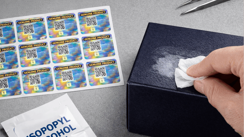 A workstation showing hologram stickers, a product, and an isopropyl alcohol wipe being used to clean the application area.