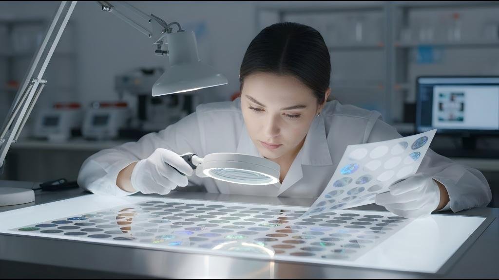 Quality Control Inspection of Hologram Stickers A quality control station. A worker wearing gloves is inspecting a sheet of hologram stickers under a bright light with a magnifying glass, comparing it to a master proof.