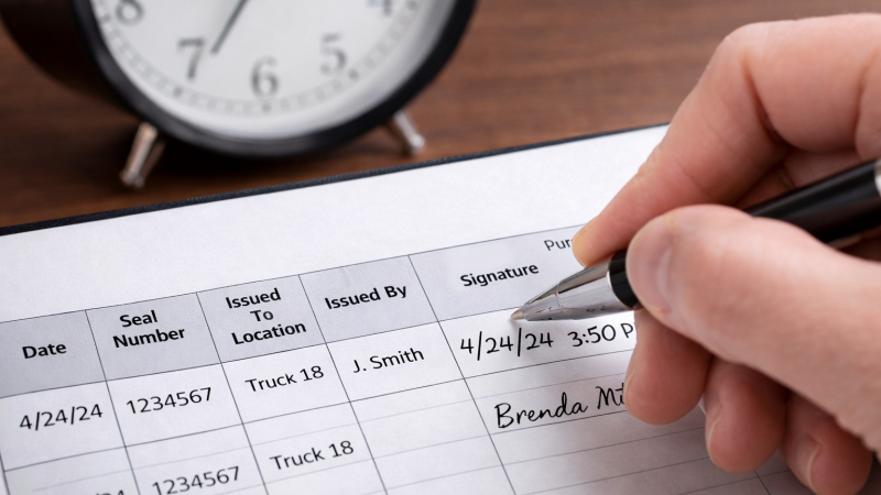 A logbook entry showing the date and time being written down, with a clock visible in the background.