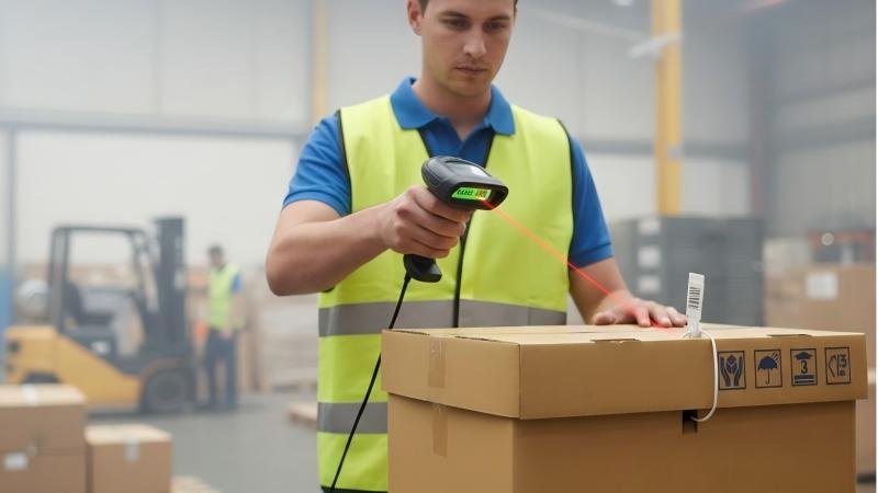 A worker in a low-security warehouse quickly scanning a simple 1D barcode on a plastic seal for an internal inventory check.