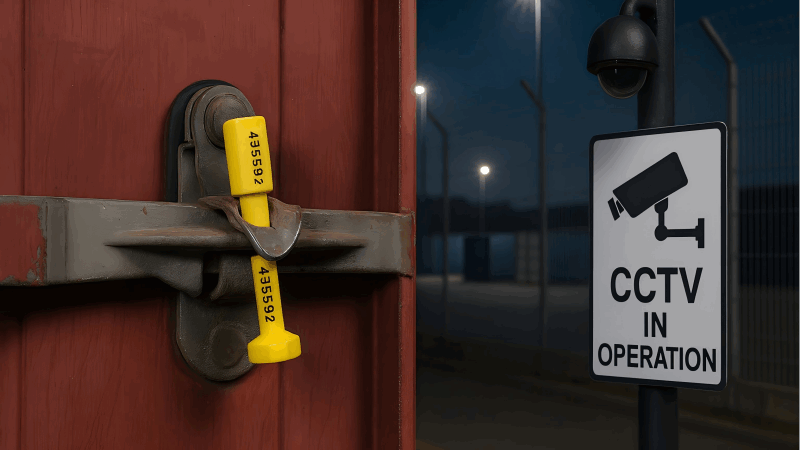 A shipping container parked in a secure, well-lit, and CCTV-monitored storage facility.