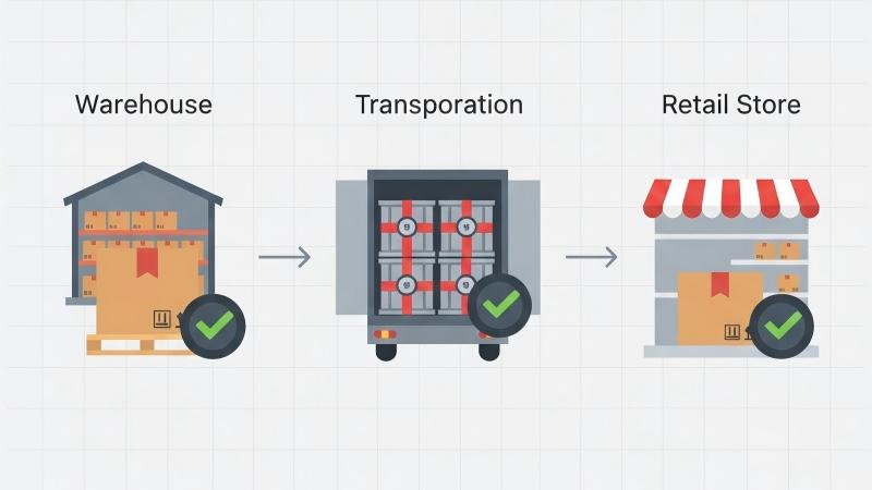 Showing a product moving from a warehouse to a truck to a retail store. At each point, a sealed container is shown with a checkmark, indicating the seal is intact.
