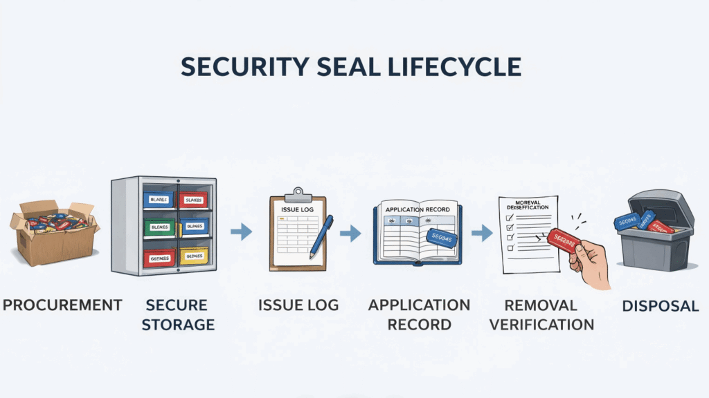 A clean, clear infographic showing the lifecycle of a security seal: Procurement -> Secure Storage -> Issue Log -> Application Record -> Removal Verification -> Disposal.