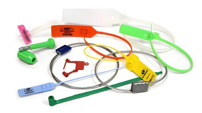 An array of different security seals showcasing various customization options: unique colors, barcodes, laser-engraved logos, and QR codes.