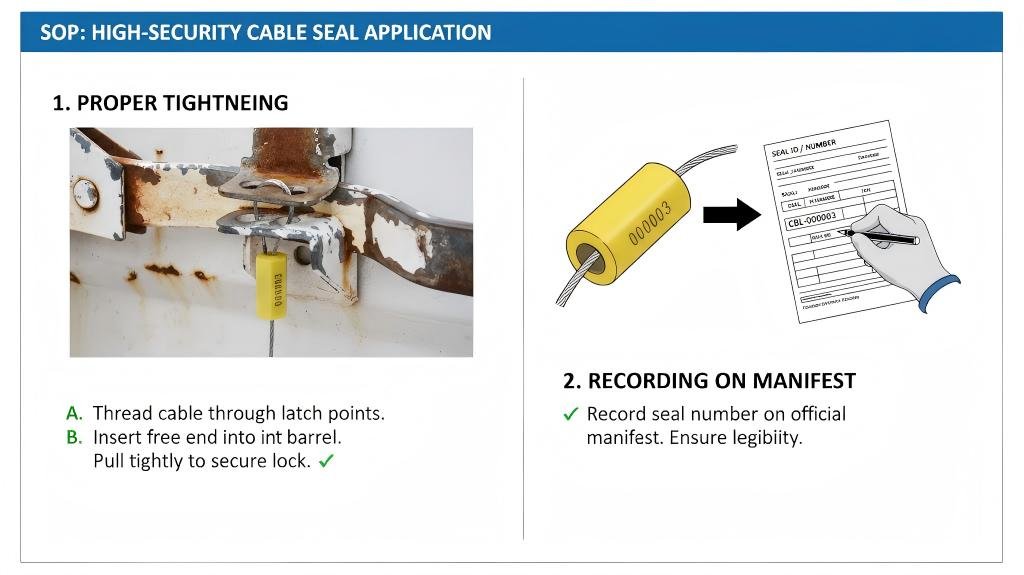 A page from a clear, visual SOP with photos showing the correct way to tighten a bolt seal and where to write the number on a manifest.