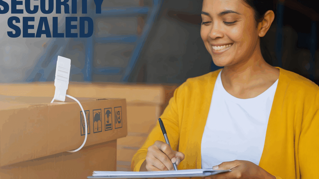 Security Seals Build Customer Trust and Protect Brands A smiling customer signing for a delivery, with an intact security seal visible on the crate in the background.