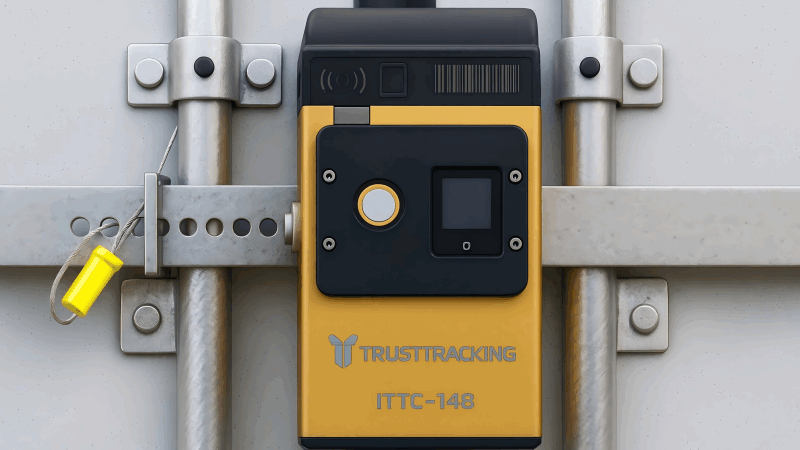 A close-up of a heavy-duty, shrouded puck lock installed on a shipping container's latch system.